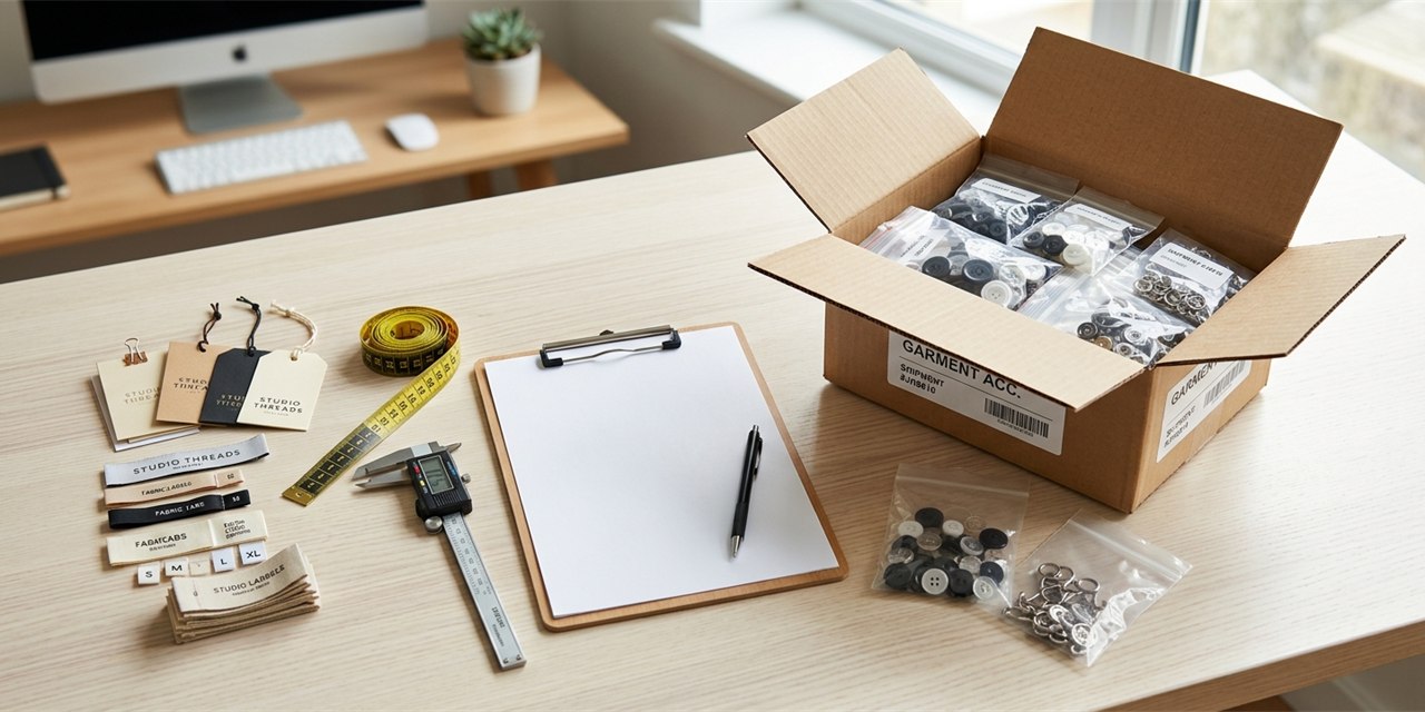 Export carton with packed accessories, woven labels, measuring tape and caliper