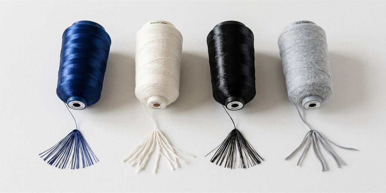 Polyester, cotton, nylon and elastic sewing thread spools compared